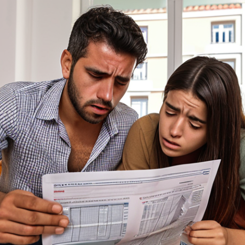 Home 11 **
A young Portuguese couple looking stressed while reviewing housing loan documents in a modern Lisbon apartment. Show graphs indicating rising interest rates and inflation in the background. Focus on conveying financial anxiety regarding homeownership.
**