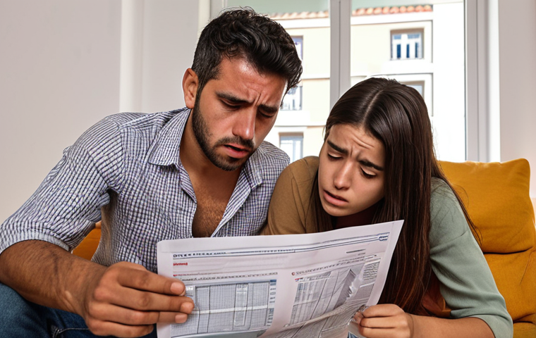 **
A young Portuguese couple looking stressed while reviewing housing loan documents in a modern Lisbon apartment. Show graphs indicating rising interest rates and inflation in the background. Focus on conveying financial anxiety regarding homeownership.
**