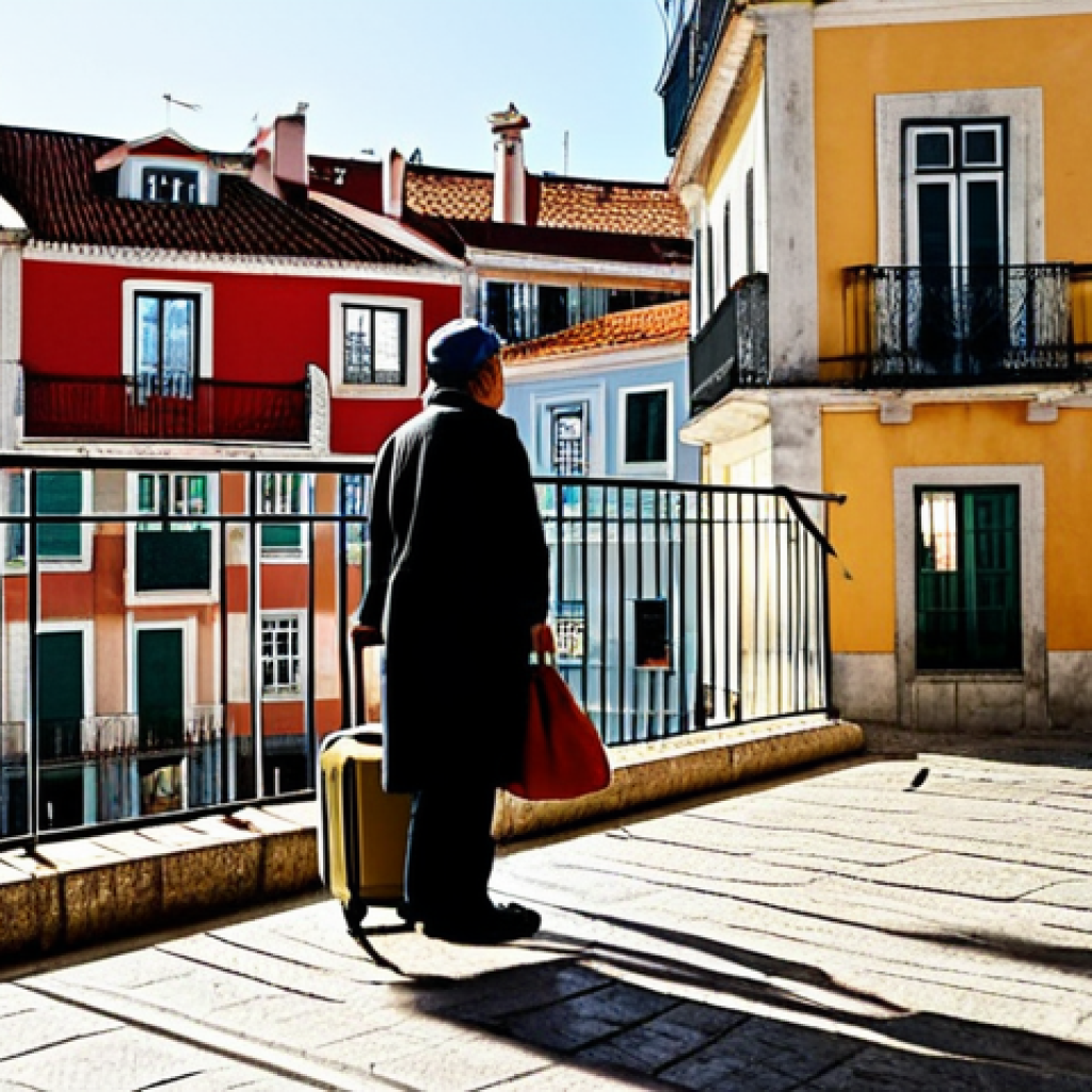 Impact of Tourism on Lisbon's Housing**

"A picturesque, yet slightly melancholic, view of a traditional Lisbon apartment building in Alfama. Laundry hangs on wrought iron balconies. In the foreground, a local resident, fully clothed in modest, everyday attire, looks thoughtfully at a group of tourists with wheeled suitcases passing by. The scene captures the contrast between traditional life and the influx of tourism. Soft, warm lighting, realistic style, perfect anatomy, correct proportions, well-formed hands, natural pose, appropriate content, safe for work, family-friendly, professional photography."

**