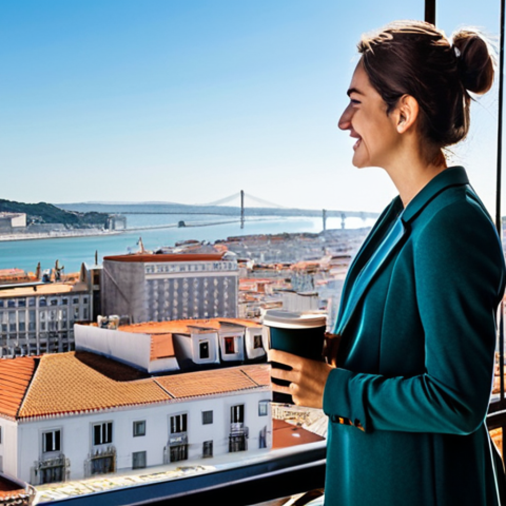 Lisbon Apartment Balcony View**

"A modern apartment balcony in Lisbon, Portugal, overlooking a cityscape with historic buildings and the Tagus River in the distance.  A young professional, fully clothed in stylish, modest casual wear, is enjoying a cup of coffee.  Safe for work, appropriate content, perfect anatomy, natural pose, professional architecture photography, bright daylight, high quality, fully clothed, family-friendly. The image should convey a sense of aspiration and urban living."

**
