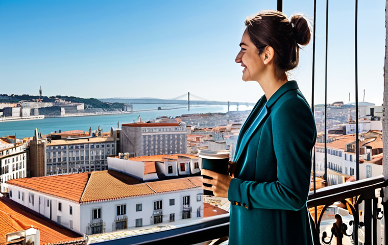 Lisbon Apartment Balcony View**

"A modern apartment balcony in Lisbon, Portugal, overlooking a cityscape with historic buildings and the Tagus River in the distance.  A young professional, fully clothed in stylish, modest casual wear, is enjoying a cup of coffee.  Safe for work, appropriate content, perfect anatomy, natural pose, professional architecture photography, bright daylight, high quality, fully clothed, family-friendly. The image should convey a sense of aspiration and urban living."

**