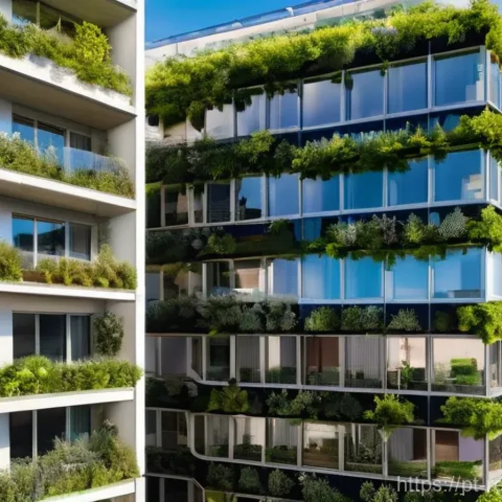 부동산 시장의 지속 가능한 성장 전망 - **Prompt:** A sleek, futuristic eco-friendly apartment building in a vibrant urban landscape, possib...